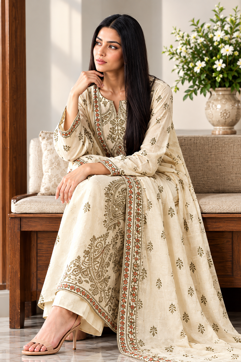A woman models a traditional beige embroidered kurta set with a matching dupatta, sitting on a wooden bench in a well-lit indoor setting.