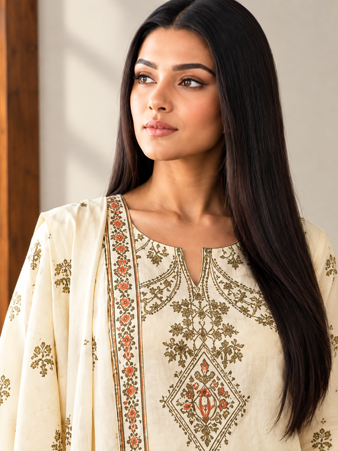 A woman with long, straight black hair is shown from the chest up, wearing a cream-colored traditional embroidered kurta with a matching dupatta. The kurta features intricate gold and orange floral embroidery around the neckline and a central diamond motif.